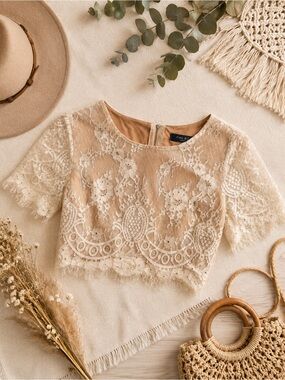 Lace Cropped Top in Beige